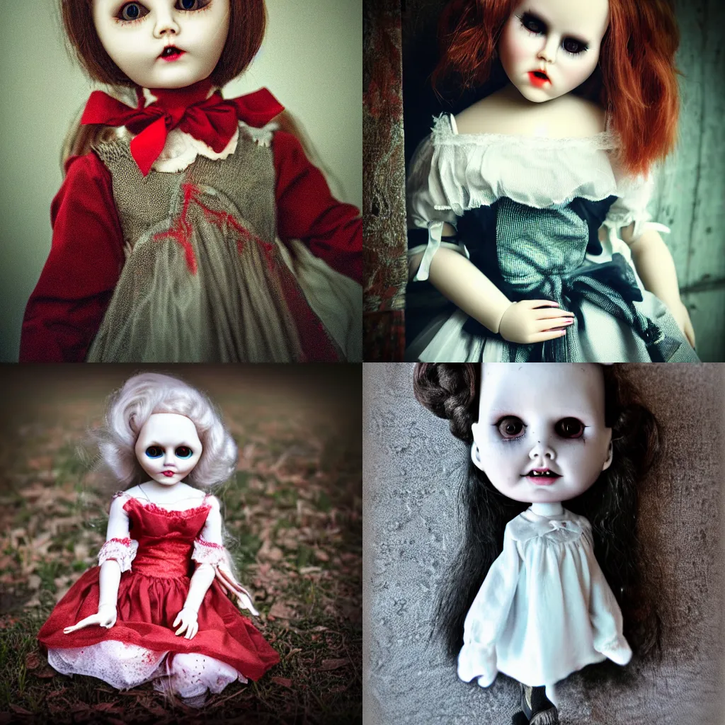 Prompt: embrace porcelain doll, haunted, vintage clothing, spooky mansion, photorealistic, cool colors, red eyes, depth of field 20mm,