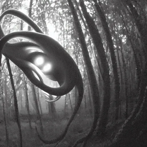 Image similar to a weird giant squid octopus caught on trailcam nightvision footage camera, grainy low quality, forest