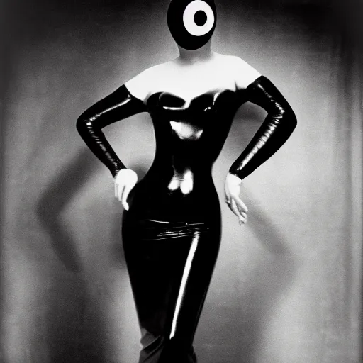 Image similar to old monochrom photography of a beautiful woman wearing a black latex dress by man ray, alfred ghisoland, george edward hurrell, 4 k,