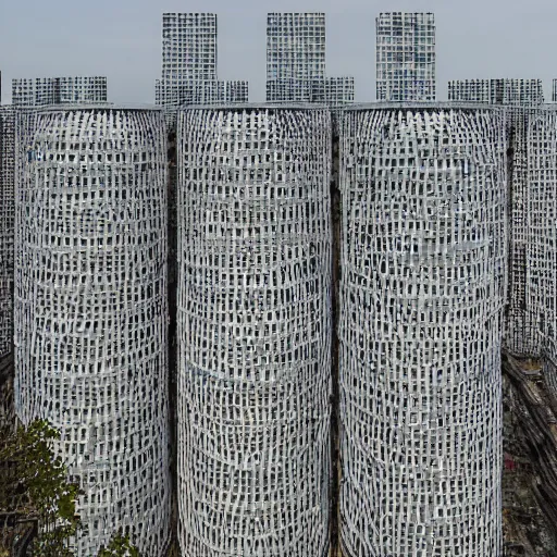 Prompt: multiple towers made up of squatter housing, sony a 7 r 3, f 2 2, fully frontal view, photographed by wolfgang tillmans, ultra detailed,