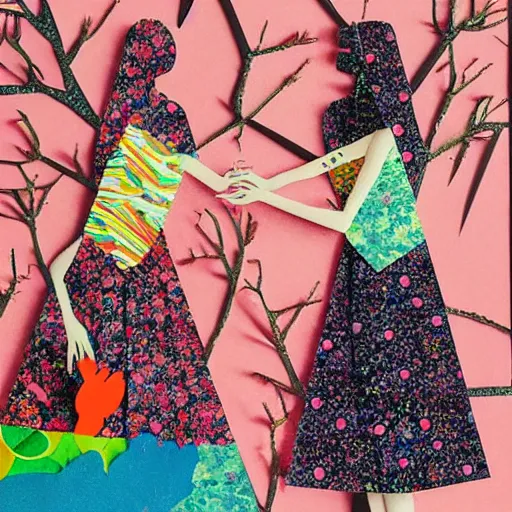 Prompt: paper collage art made of cut up magazines depicting two women holding hands in a trippy forest