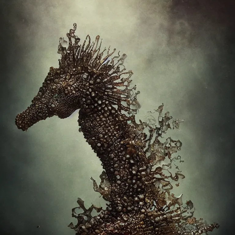 Image similar to seahorse, dusty, underwater,!! bokeh, old tintype, realistic armoured tree made of leaves, dramatic light, dystopian environment, intricate, elegant, highly detailed, headdress, artstation, sharp focus, artgerm, tomasz alen kopera, peter mohrbacher, donato giancola, boris vallejo, frank frazetta