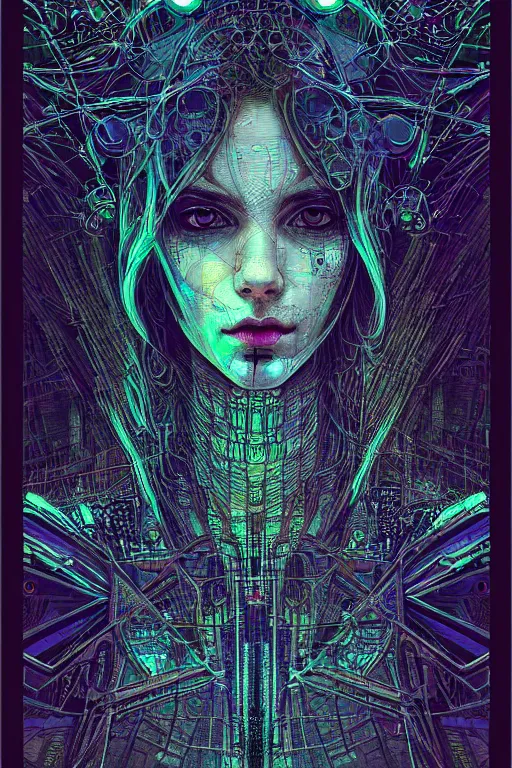 Image similar to dreamy cyberpunk girl, abstract mirrors, digital nodes, beautiful woman, detailed acrylic, grunge, intricate complexity, by dan mumford and by alberto giacometti, arthur rackham