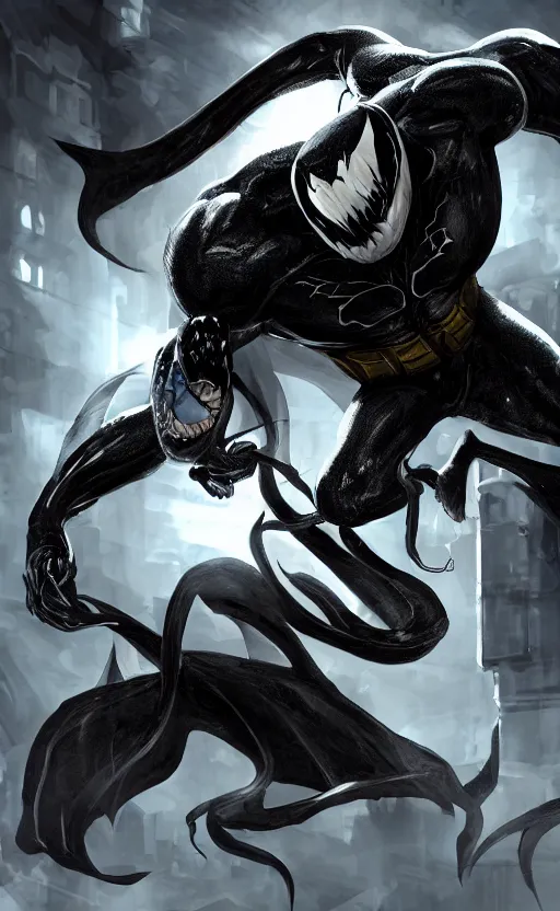 Image similar to venom as batman, dynamic lighting, photorealistic fantasy concept art, trending on art station, stunning visuals, terrifying, creative, cinematic