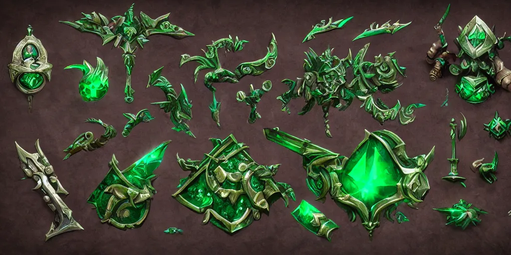 Image similar to fantasy world of warcraft weapons and treasure, green emerald, crystal, magic, hard surface, collection, kitbash, parts, artstation, 8k, Shape and form