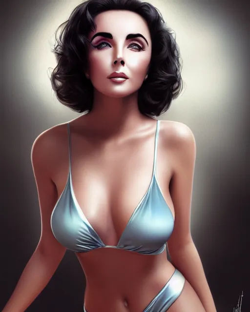Prompt: elizabeth taylor, photo, ultra detail, photoreal, professionally retouched, soft moonlight lighting, shiny plastic bikini, realistic, smooth face, goddess, luscious lips, perfect eyes, wide angle, sharp focus on eyes, 8 k high definition, insanely detailed, intricate, elegant, art by artgerm and wlop
