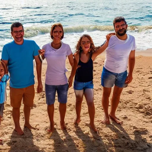 Image similar to a happy family group of people standing on top of a sandy beach, a stock photo by demetrios farmakopoulos, shutterstock contest winner, verdadism, stockphoto, stock photo, photo taken with ektachrome