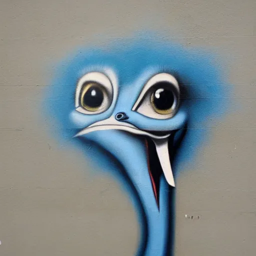 Prompt: a blue ostrich, graffiti by bansky