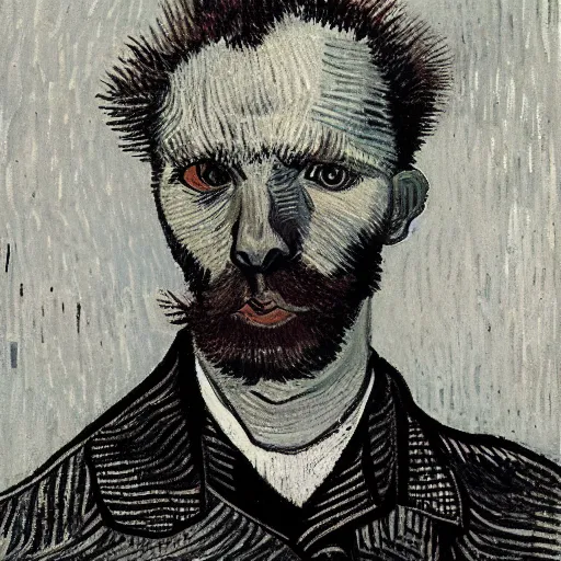 Prompt: a illustration of half portrait of a man with a alpaca's head in suit, symmetrical facial features, dark background, by vincent van gogh.