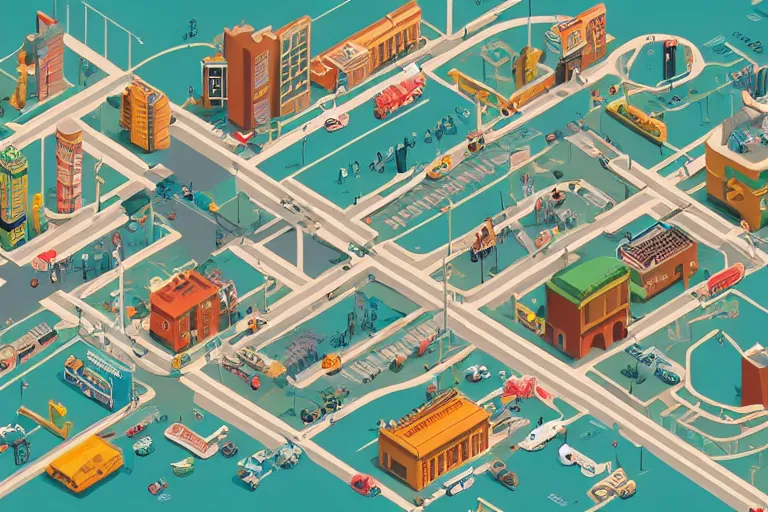 Image similar to highly detailed isometric illustration of a city scape in the style of Wes Anderson, hyperrealistic, photorealistic, artstyle, highly detailed, sharp