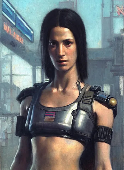 Image similar to Nikki. cyberpunk female USN marine wearing a military vest and powerful military cyberpunk exo-suit (cyberpunk 2077, bladerunner 2049). gorgeous face. Iranian orientalist portrait by john william waterhouse and Edwin Longsden Long and Theodore Ralli and Nasreddine Dinet, oil on canvas. Cinematic, hyper realism, realistic proportions, dramatic lighting, high detail 4k