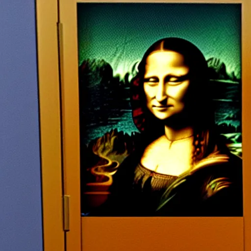 Image similar to ring doorbell video of mona lisa knocking my door, dark lighting