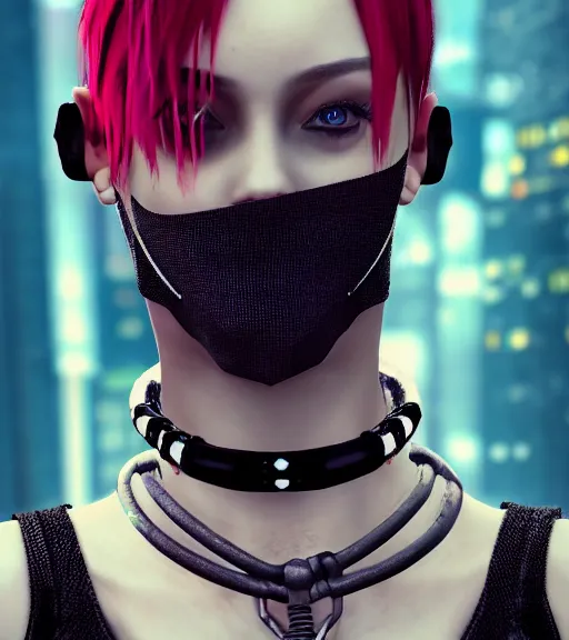 Image similar to detailed realistic female character cyberpunk wearing thick steel collar around neck, realistic, art, beautiful, 4K, collar, choker, collar around neck, punk, artstation, detailed, female, woman, choker, cyberpunk, neon, punk, collar, choker, collar around neck, thick collar, tight around neck, punk,