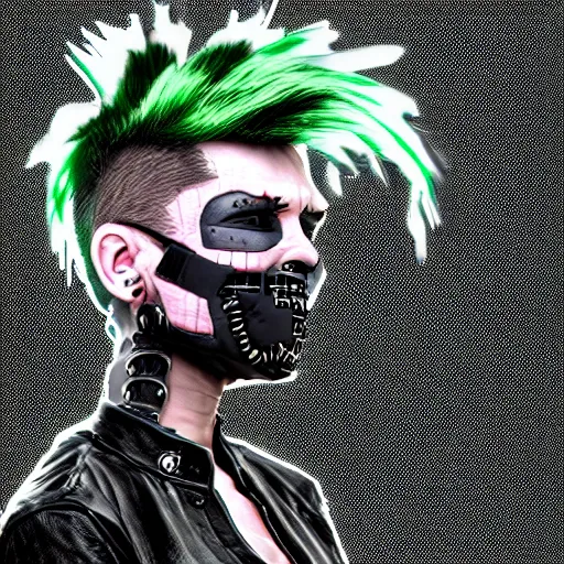 Image similar to neonpunk anarchist with mohawk and cyber implants on face, fuming, angry, grinning, pixel art