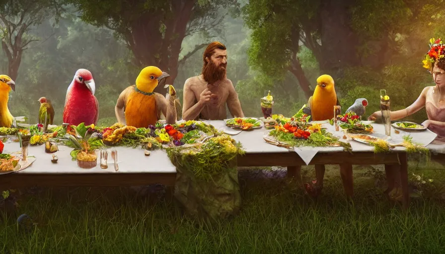 Image similar to a table dinner of exotic birds where birds are dressed like the characters from the midsommar movie wearing flowers, realistic detailed digital art by maxwell boas jessica rossier christian dimitrov anton fadeev trending on artstation cgsociety rendered in unreal engine 4 k hq