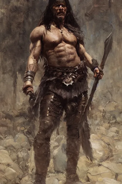 Image similar to Richard Schmid and Jeremy Lipking and Antonio Rotta full length portrait painting of Conan the Barbarian