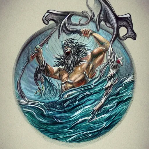 Image similar to Proud and screaming Poseidon rising from the ocean, ready to fight, fantasy art, hand-drawing