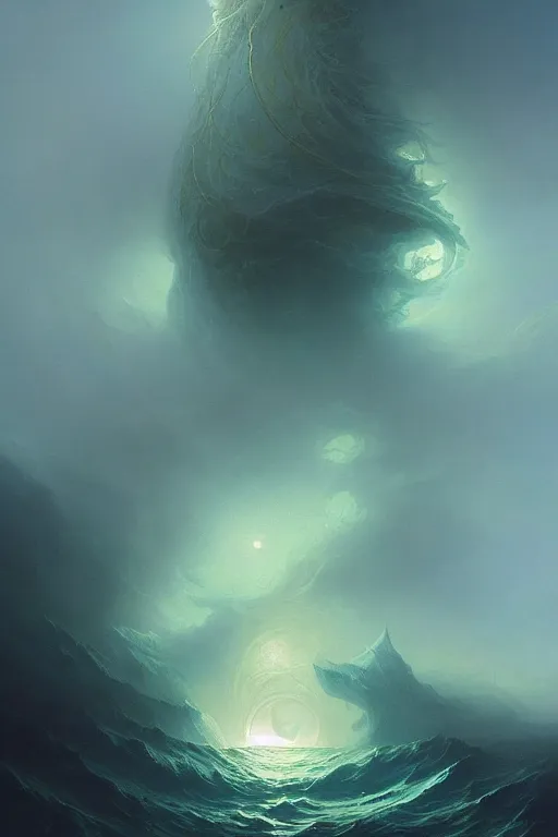 Image similar to A stunning detailed Shoggoth emerging from the ocean by Ivan Aivazovsky, Peter Mohrbacher, stormy ocean, beautiful lighting, full moon, detailed swirling water tornado, artstation