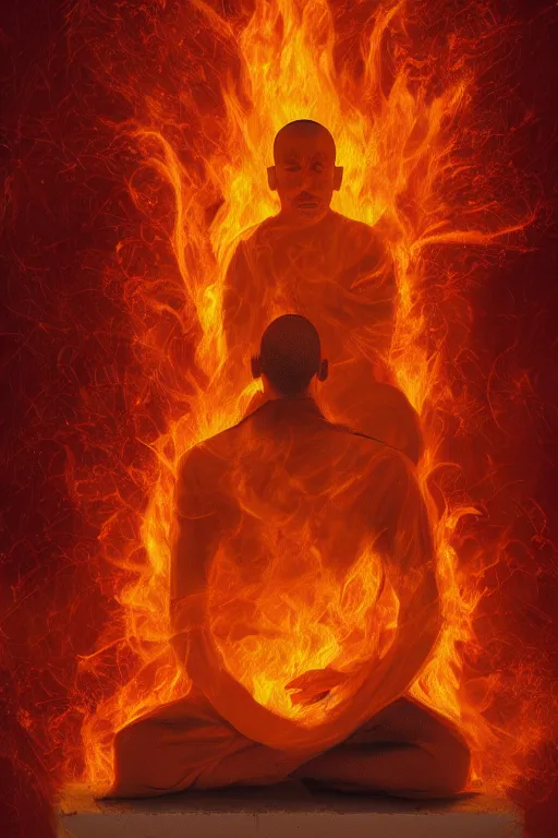 Image similar to A single monk meditating in flames by Afshar Petros, Trending on artstation.