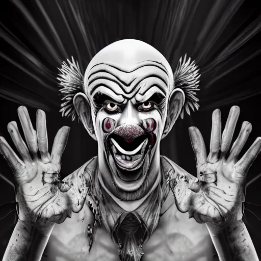 Prompt: 4K headshot of godlike clown with clown nose and defined arms and open hands and bloody clothes with giant mandala wings , intricate runny clown face make-up , flawless anime cel animation by Kentaro Miura, psychedelic , highly detailed upper body , professionally post-processed , beautiful, scary, symmetry accurate features, epic, octane rendered, anime masterpiece, accurate