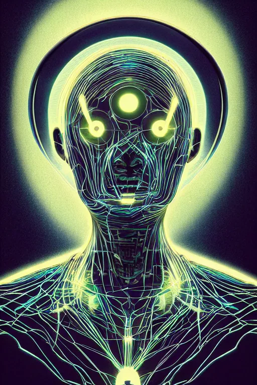 Prompt: portrait of a organic cyborg head wrapped in optical fibers by pixar, centered, symmetrical, bilateral symmetry, 70s poster, polished, retro dark vintage sci-fi, 2D matte illustration