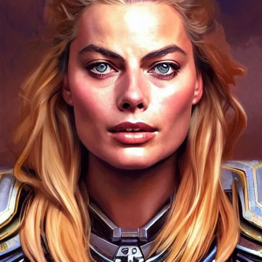 Image similar to Margot Robbie's face combined with Jennifer Anniston's face as a Space Marine, western, D&D, fantasy, intricate, elegant, highly detailed, digital painting, artstation, concept art, matte, sharp focus, illustration, art by Artgerm and Greg Rutkowski and Alphonse Mucha