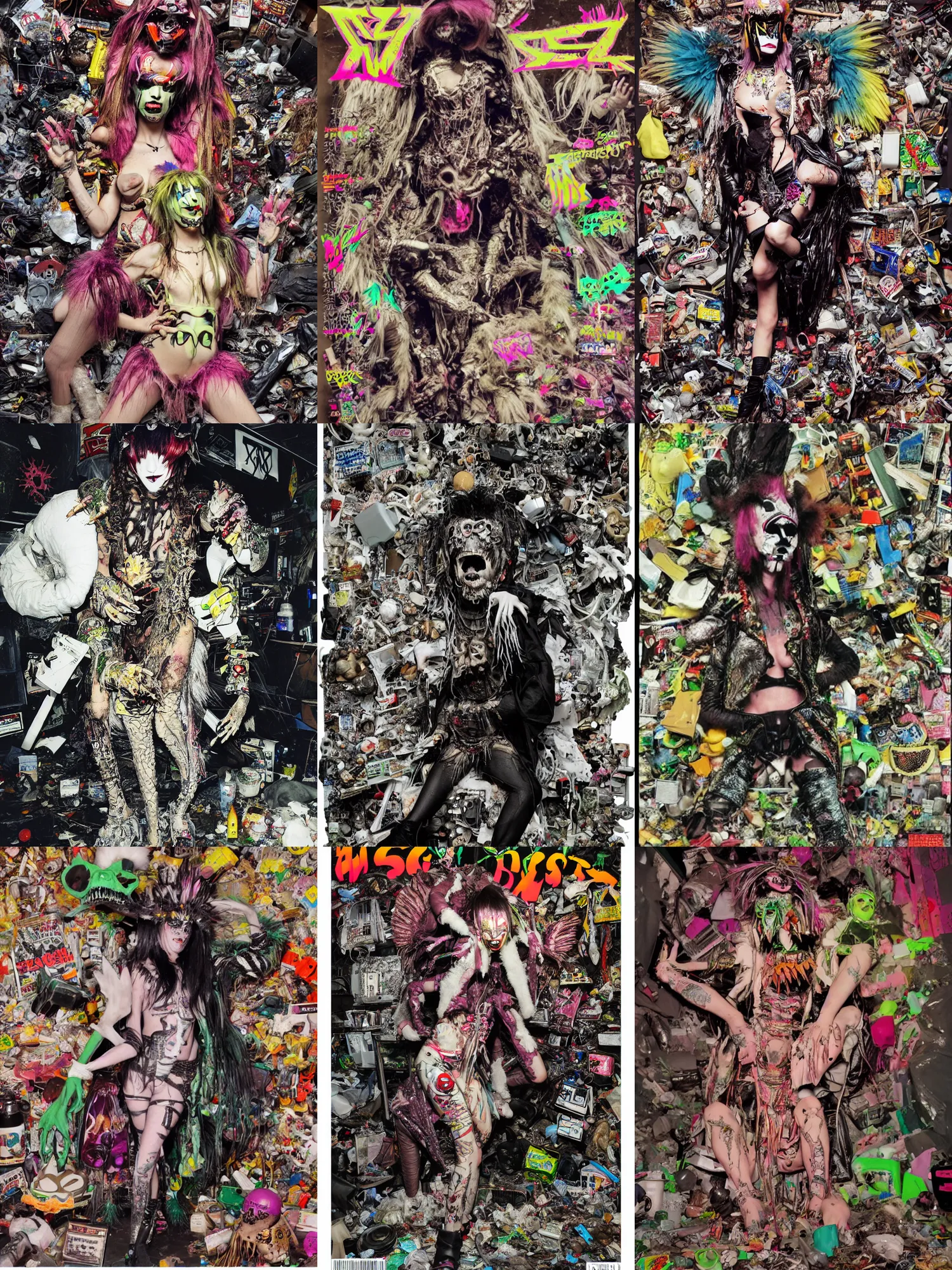 Image similar to photo of an angel with lizard skin wearing ripped up dirty Swear kiss monster teeth yeti platform boots in the style of Rammellzee Garbage Gods in the style of 1990's FRUiTS magazine 20471120 in japan in a dirty dark dark dark poorly lit bedroom full of trash and garbage server racks and cables everywhere in the style of Juergen Teller in the style of Shoichi Aoki, japanese street fashion, KEROUAC magazine, magazine 1990's, Vivienne Westwood, y2K aesthetic