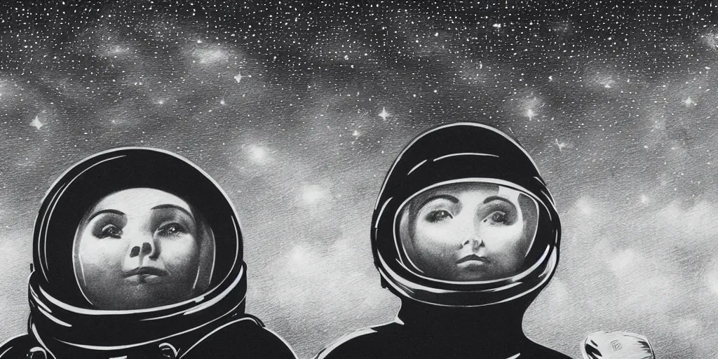 Prompt: etching portrait of a woman wearing a space helmet, scifi, big clouds visible in the background, stars in the sky, high contrast, deep black tones, depth of field, smudges