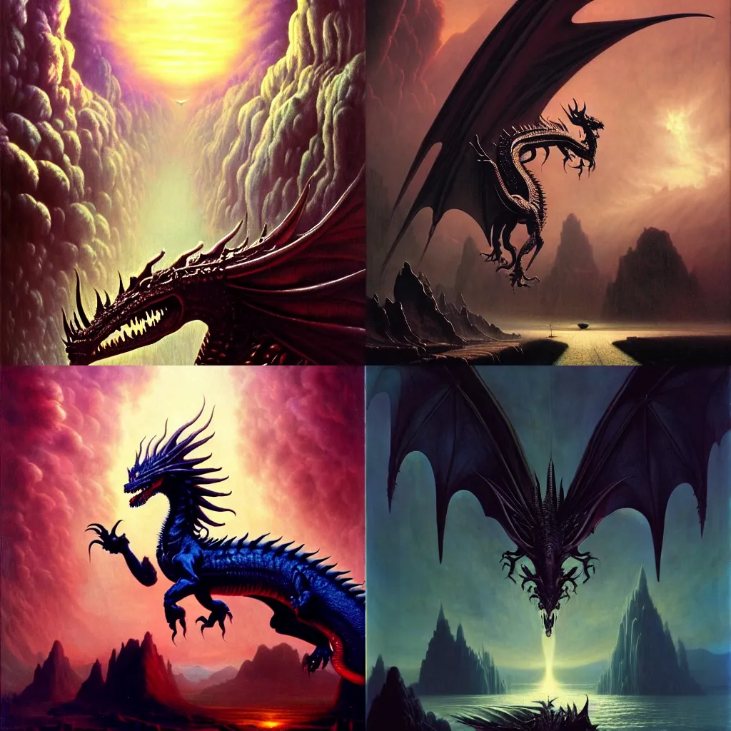 Prompt: A majestic gothic dragon, by George Stubbs, by Wayne Barlowe, by HR Giger, by Bruce Pennington, by Paul Lehr, masterpiece, oil on canvas, trending on artstation, top on pixiv, cinematic composition, dramatic scene, beautiful lighting, sharp, high details, astrophotography, no frames, 8K