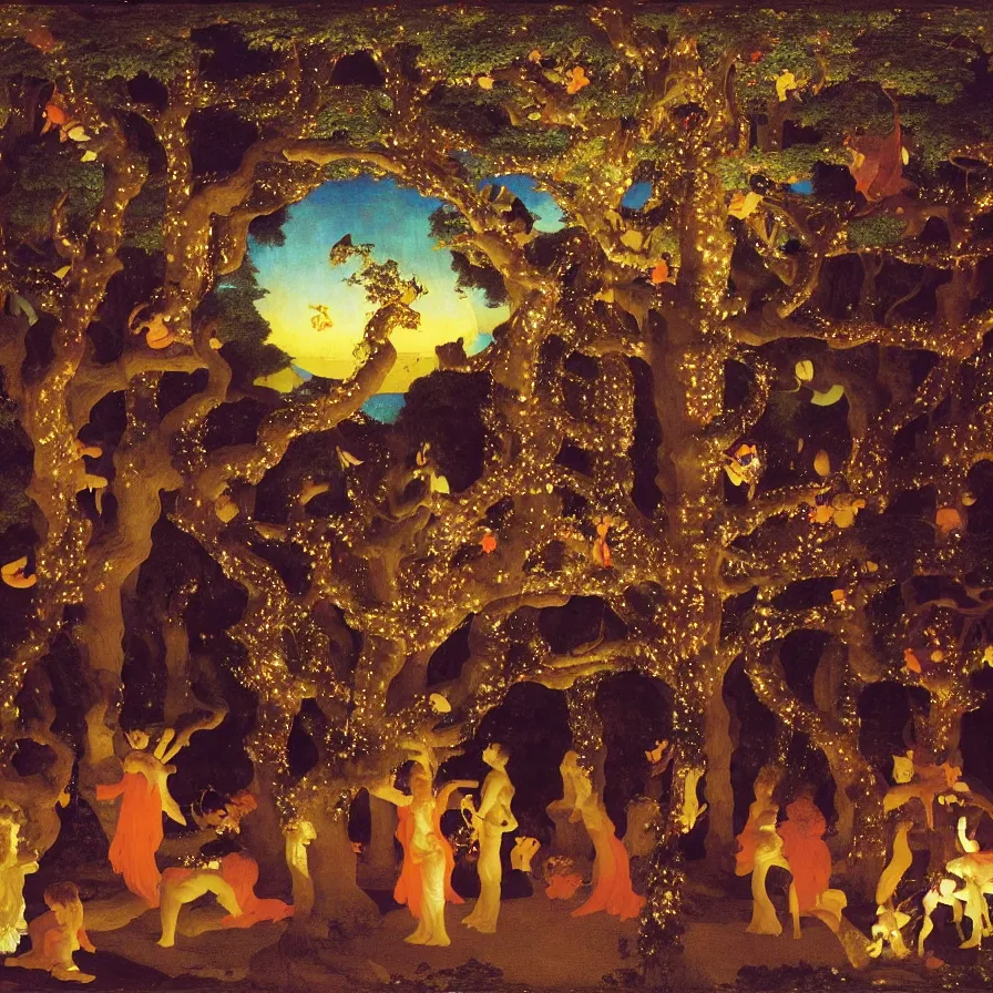 Image similar to a night carnival around a magical tree cavity, with a surreal orange moonlight and fireworks in the background, next to a lake with iridiscent water, christmas lights, folklore animals and people disguised as fantastic creatures in a magical forest by summer night, masterpiece painted by frederic leighton, dark night environment