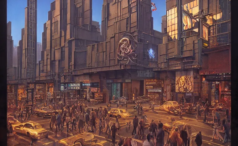 Prompt: a brutalist streetcorner environment, large crowd, filigreed, elaborate, ornate, glass panes, billboards, glowing lights, art deco, dramatic lighting, photorealism, unreal engine, art by michael whelan and chris moore and howard david johnson and tim white and dan giancola