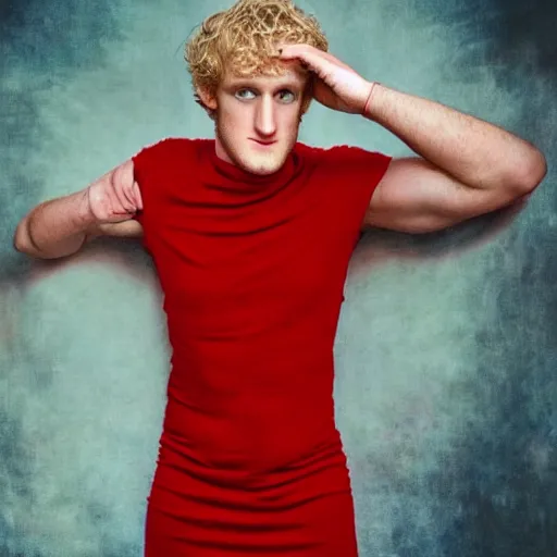 Image similar to logan paul wearing a red dress, realistic, detailed, portrait,