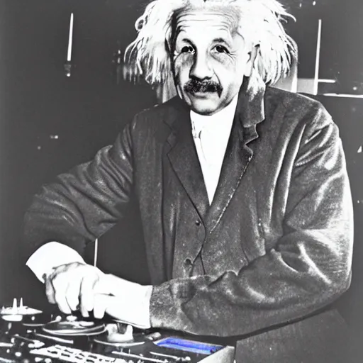 Image similar to color photograph of Albert Einstein DJ at a nightclub, in color, color photograph, colors