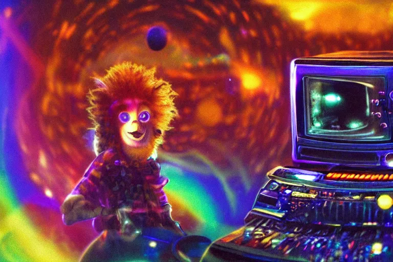Image similar to toaster emerging from a space portal in cyberspace, fractal, in 1 7 6 7, cutecore clowncore, bathed in the glow of a crt television, alien castle in background, low - light photograph, in style of tyler mitchell