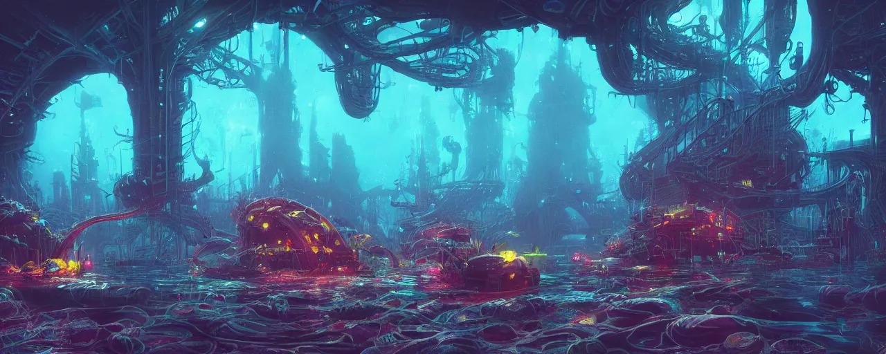 Image similar to ” dark underwater otherwordly terminal lit by bioluminescense, [ deepsea, cinematic, detailed, epic, widescreen, opening, establishing, mattepainting, photorealistic, realistic textures, octane render, art by slop and paul lehr ] ”