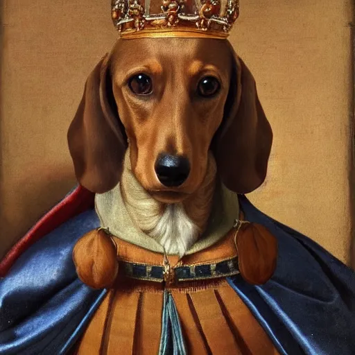 Prompt: a renaissance style portrait painting of a dachshund, wearing a crown and cape, dark background