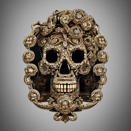 Image similar to a portrait of a beautiful ornate and intricate rococo skull with diamonds as eyes and with silver and gold details and diamonds inside a rococo frame, 4k, octane render, vray, unreal engine, photorealistic