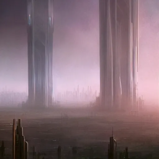 Image similar to a futuristic city scape of vertical organic farms, breeding, growing, cellular structures, epic landscape, endless towering science fiction towers, misty, in the style of john harris