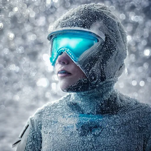 Image similar to futuristic female soldier eyes closed partly submerged in highly viscous clear fluid, frost particles, ice needles, cold blue light, complex hyperdetailed technical suit. white hair flowing. reflection. rays and dispersion of light. volumetric light. 5 0 mm, f / 3 2. noise film photo. ultra realistic, wide angle.