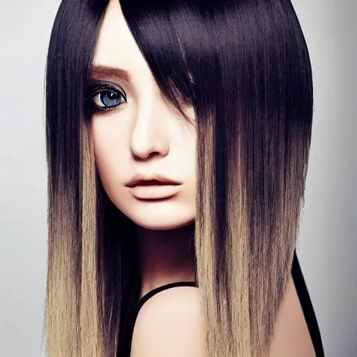 Prompt: avant runway hairstyle professional designer hair bangs, anime stylization, influencer photography, high details