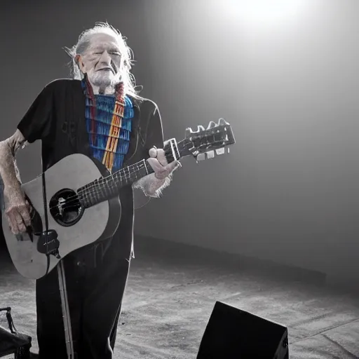 Image similar to willie nelson on stage, four fingers holdingguitar. god rays through fog.