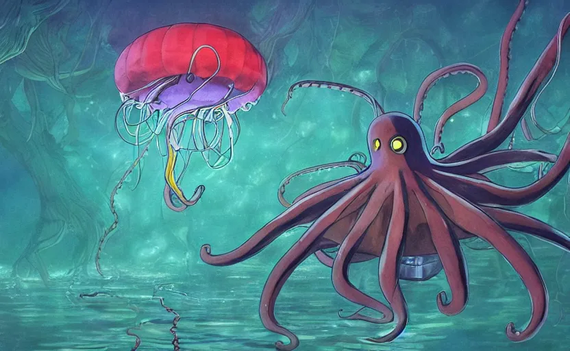 Prompt: a realistic cell - shaded studio ghibli concept art from paprika ( 2 0 0 6 ) of a flying multi - colored octopus from close encounters of the third kind ( 1 9 7 7 ) swimming through a dimensional portal to another world in a flooded forest valley on a misty starry night. very dull colors, wide shot, hd, 4 k, hq