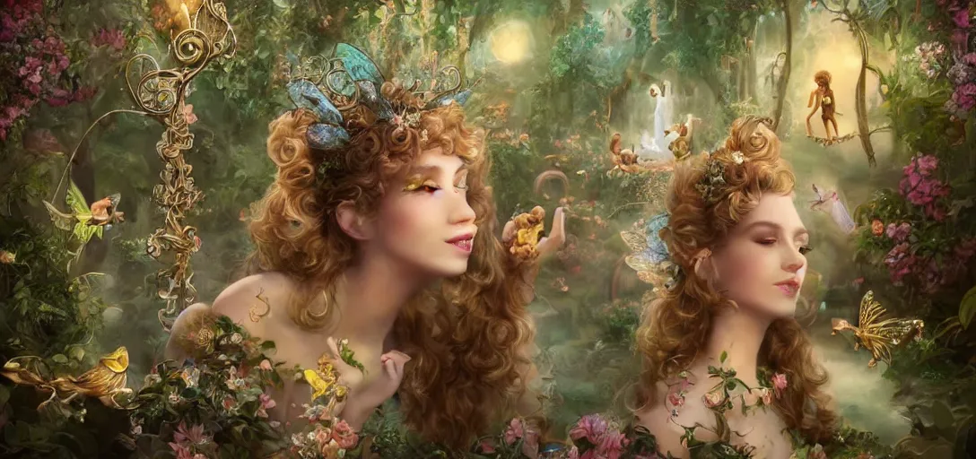 Image similar to beautiful fairy, perfect face and body, with curls, at her birthday party in a magic garden, around monkeys, diamonds and scissors, details, smooth, sharp focus, illustration, realistic, cinematic, artstation, gold, ornate, award winning, original modern artwork, rgb ethereal lighting, 8k