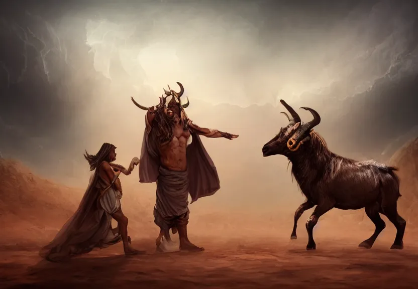 Prompt: angel vs demon, terrific jinn demon in middle of desert with hoof on his feet and goat face with long cloth afraid of beautiful powerful angel, epic angel, wporfull angel, good vs evil, atmosphere, harsh lighting, cinematic lighting,, award wining art, artstation, high details, concept art, 4 k