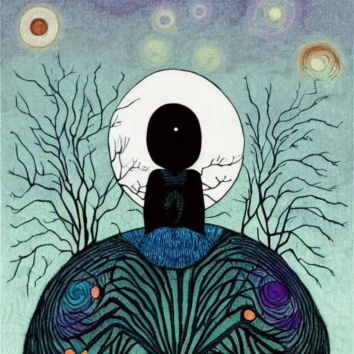 Prompt: by edward gorey, by andy kehoe graphic design extemporaneous. a drawing of a man with a large head, sitting in a meditative pose. his eyes are closed & he has a serene look on his face. his body is made up of colorful geometric shapes & patterns that twist & turn in different directions.