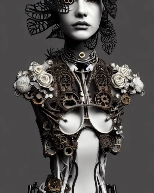 Image similar to monochrome 3 d model, steampunk biomechanical beautiful young female cyborg with porcelain profile face and a big floral eye, volumetric light, leaves foliage and stems, hibiscus flowers, boho floral vines, sinuous fine roots, fine foliage lace, alexander mcqueen, rim light, big gothic fashion pearl embroidered collar, octane render, 8 k