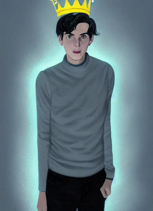 Image similar to portrait of teenage jughead jones wearing a light grey crown, crown, blue turtleneck, 1 9 5 0 s, closed eyes, photorealistic, black hair, glowing lighting, intricate, elegant, glowing lights, highly detailed, digital painting, artstation, concept art, smooth, sharp focus, illustration, art by wlop, mars ravelo and greg rutkowski