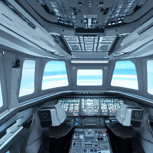 Image similar to flight deck inside a sci-fi spaceship escape pod that is haunted. clean white interior, large window to view outer space, raytraced, highly detailed, z-brush, corona render, 4k