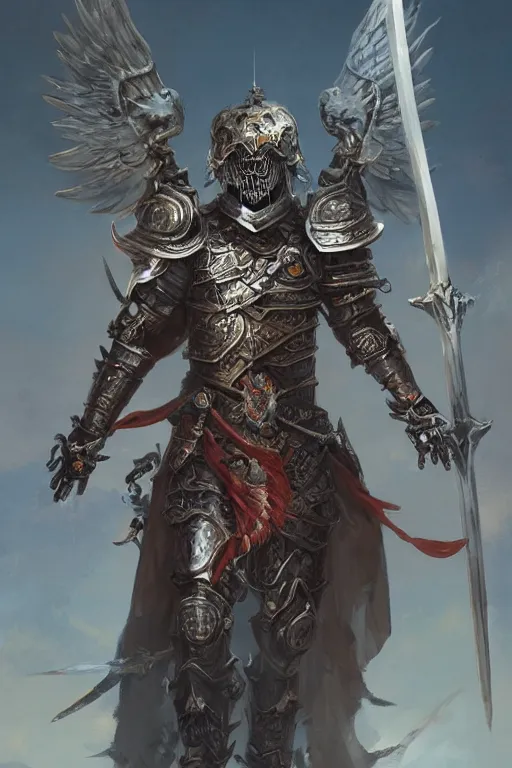 Image similar to portrait of a skeleton with chinese dragon in armor and helmet, majestic, solemn, big sword, wearing helmets and armor with wings, symmetrical, solemn, sacred, aura, art by greg rutkowski, matte painting, trending on artstation