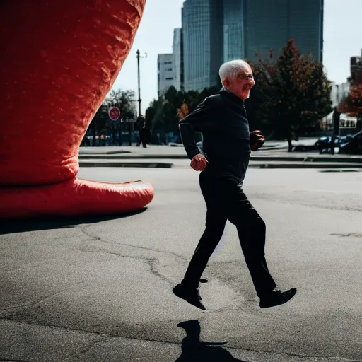 Image similar to An elderly man running from a giant humanoid sausage, Canon EOS R3, f/1.4, ISO 200, 1/160s, 8K, RAW, unedited, symmetrical balance, in-frame